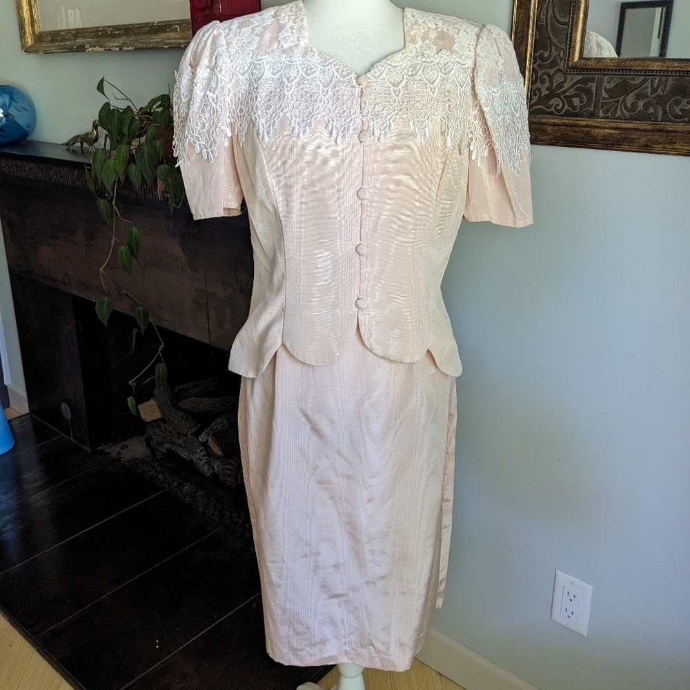 Scott McClintock 80's Vintage Skirt Suit Set Women's M/L Light Pink Lace Accent